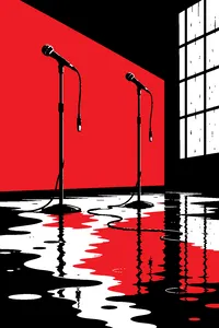 Two microphones on stands in an empty studio, unplugged, with their cables lying in a puddle of rainwater.