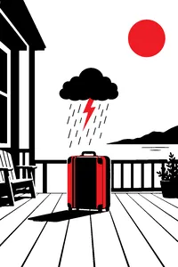 A small suitcase on a wooden veranda with a tiny storm cloud hovering above it, clear sky all around.