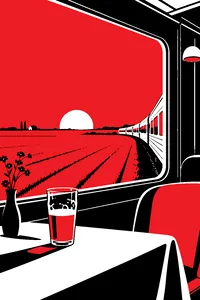 A silver passenger train crossing flat green farmland at dawn, seen from a dining car window with a half-empty beer glass on the table.