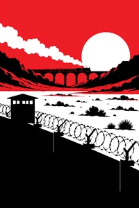 A distant steam train crossing a desert valley beyond a tall stone prison wall and coils of barbed wire.