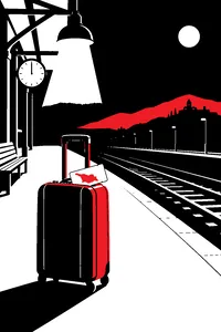 A single suitcase on an empty railway platform at midnight under a lamp, a ticket to Georgia tucked under its handle.
