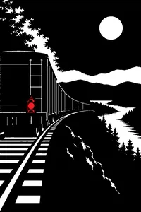 A long black freight train disappearing around a bend in the Tennessee night, a single red lantern on its last car.