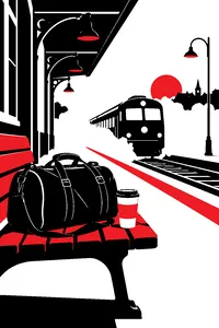 An army duffel bag on a small-town station bench beside a paper cup of coffee, a train pulling in through morning fog.