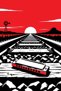 A harmonica resting on a railroad tie between two shining rails stretching to the horizon at sunset.