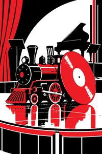 A gleaming gold record propped against a toy steam locomotive on a polished 1940s bandstand.