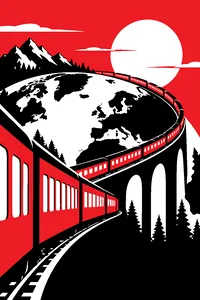 A long train of brightly painted carriages winding across a globe-shaped hill, every window lit.