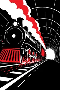 A runaway locomotive with sparks flying from its wheels careening through a dark tunnel toward a blinding light.