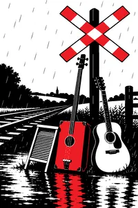 A washboard, a tea-chest bass and an acoustic guitar leaning against a railway crossing sign in the English rain.