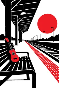 A ukulele sitting alone on an empty railway platform bench, no train in sight.