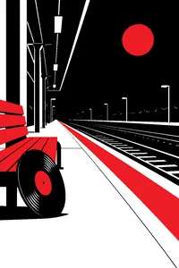 An empty railway platform at night with a vinyl record leaning against a bench, the train tracks bare in both directions.