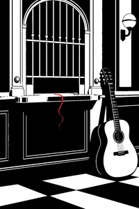 A vintage bank teller window with a single strand of red hair caught on the brass counter and an acoustic guitar leaning against it.
