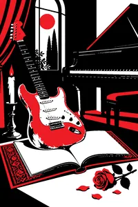 A battered Stratocaster resting on an open antique Persian book of poetry beside a grand piano, candlelight.