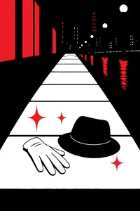 A lit-up sidewalk of glowing square tiles at night, a single white sequined glove and a black fedora lying on one tile.