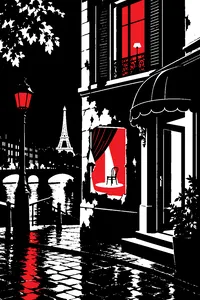 A red lamp glowing in the window of a shabby Paris hotel at night, a faded theater poster peeling on the lobby wall below.