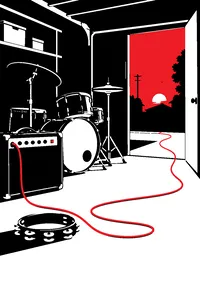 A cramped garage with a cheap amp, a tambourine and a drum kit, one cable snaking toward an open door at dusk.