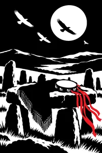 A black shawl and a tambourine with ribbons on a stone circle in the Welsh hills under a full moon, birds overhead.