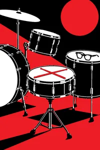 A 1950s drum kit with a pair of crossed sticks on the snare and horn-rimmed glasses resting on the floor tom.