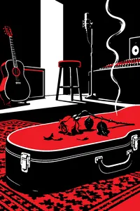 A single wilted rose on a velvet-lined acoustic guitar case in a dim recording studio, smoke curling in the light.