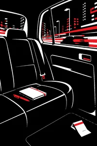 The back seat of a taxi at night with a notebook and pen left on it, city lights streaking past and a speeding ticket folded on the floor.