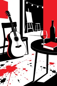 An acoustic guitar beside a French dictionary and a half-empty wine glass at a small art-school party, paint splatters on the floor.