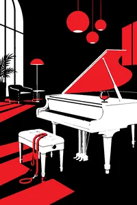 A white grand piano in an empty lounge with a brandy snifter on the lid and a dog's leash draped over the bench.