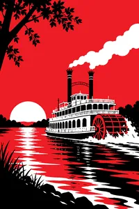 A white paddle-wheel riverboat churning down a wide river at sunset, its big wheel throwing spray.