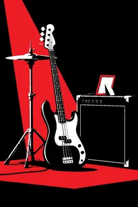 A lone electric bass leaning against a hi-hat cymbal on a dark stage, a dusty wedding photo propped on the amp.