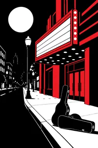 A full moon hanging behind a lit-up theater marquee on an empty downtown street at night, two guitar cases on the curb.