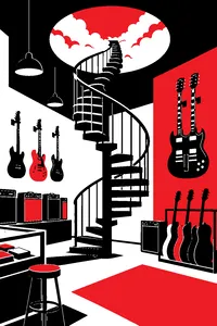 A spiral staircase rising into clouds from the floor of a guitar shop, a double-neck guitar hanging on the wall beside it.