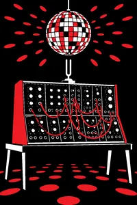 A vintage modular synthesizer with patch cables glowing under a mirrored disco ball, a tuning fork on top of it.