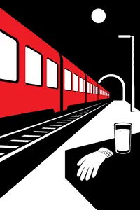 A long train disappearing into a tunnel at night, a single white glove and a glass of milk on the platform.