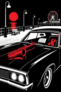A tenor saxophone resting on the hood of a sleek car parked on a New Jersey boardwalk at night, a violin on the passenger seat.