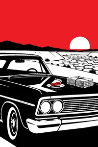 A Chevy parked by a dry levee at dusk with a slice of apple pie on its hood and a stack of newspapers tied with string.