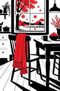 A red knit scarf draped over the back of a kitchen chair in an upstate farmhouse, autumn leaves blowing past the window.
