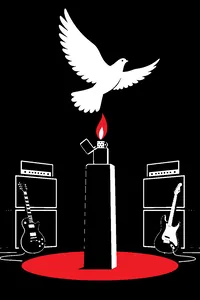 A white dove taking flight above a stage of guitar amps, a lighter flame held aloft in the darkness.