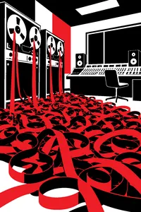 A tangle of loose magnetic tape loops hanging from studio machines, piled waist-high on the floor of an empty control room.