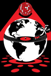 A small turntable on a spinning globe, the needle tracing a groove that loops around the equator under purple disco light.