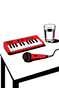 A tiny toy keyboard and a cheap plastic microphone on a bare white table, a lone glass of mineral water beside them.