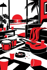 A cluttered living room floor after a house party: bongos, an acoustic guitar, paper cups and an ashtray, a beach visible through the window.