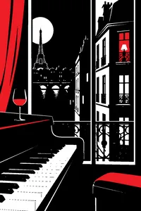 A red lamp glowing in the window of a narrow Paris hotel at night, a piano keyboard in the foreground.