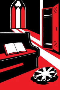 A deserted church pew with a hymnal open to a blank page, a car's crumpled hubcap on the floor and an empty school locker.