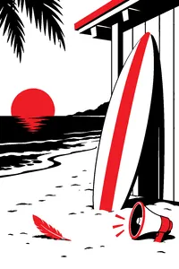 A surfboard leaning against a beach shack with a small cartoonishly loud megaphone and a single feather on the sand.