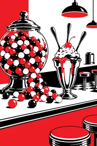 A glass candy jar overflowing with bright gumballs on a soda fountain counter, three spoons stuck in a sundae.