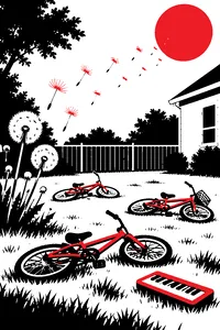 A dandelion blowing apart in the wind over a suburban backyard, a toy keyboard and three bikes lying in the grass.