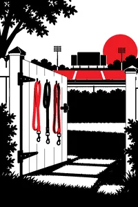 An open backyard gate with three empty dog leashes hanging from it, a stadium scoreboard glowing in the distance.