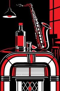 A bottle of tequila, a lime wedge and a tenor saxophone on a jukebox top in a dim roadhouse bar.