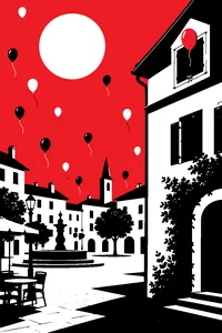 A sunny town square full of cheerful balloons with one balloon tied to a locked attic window.