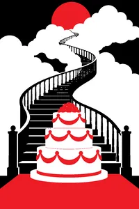 A spiral staircase rising into clouds with a tiered wedding cake blocking the bottom step.