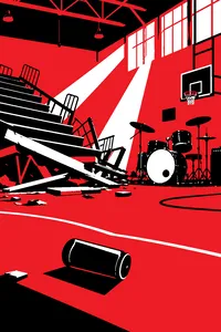A high school gym with a flipped bleacher, a drum kit and a can of deodorant rolling across the floor.