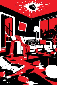 A trashed suburban living room after a party with a pie on the ceiling and a boombox on the couch.